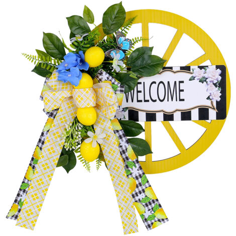 Décoration de Porte [Sign] "Flower Wheel" en Bois Simulé avec Arrangement Floral Bow - Modèle Lemon Wheel Wreath (100cm) (1/5)