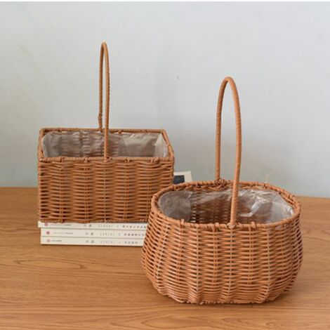 Panier fleurs portable en PP Rattan avec cadre métal - Panier à fruits et légumes à manche - 19.5x15x29cm - Vintage (1/5)