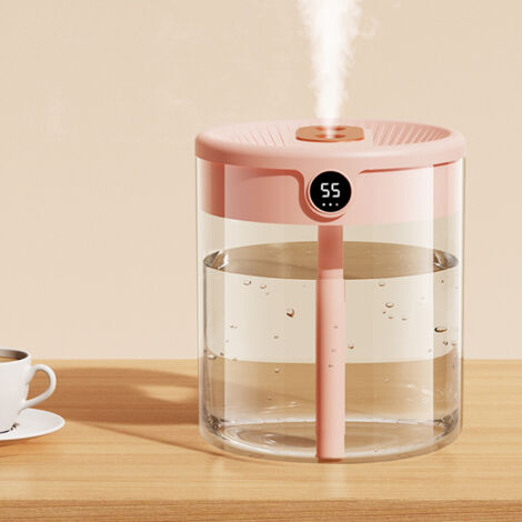 Humidificateur Double Ultrasonique USB 2L pour Maison et Chambre avec Afficheur LCD d'Humidité et Diffuseur d'Aromathérapie - Rose (1/5)