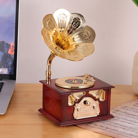 Boîte à musique Gramophone mécanique avec mécanisme à remontoir vintage ABS Ornement pour décor domestique couleur marron