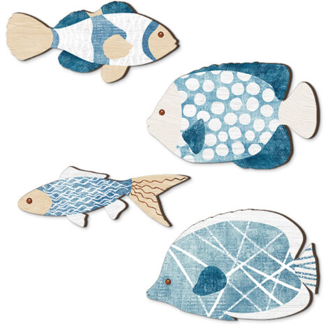 Décoration Murale [Lot 4 Pièces] Bois Flotté Design Nordique Marine, Plaque Bois Décorative, Pendentif Poissons pour Salle de Bain (1/5)