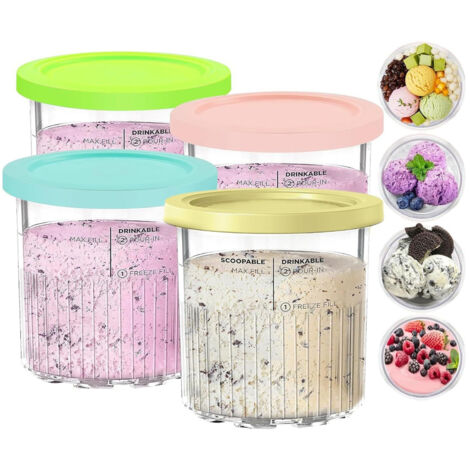 Boîtes de Crème Glacée [4 Contenants Réutilisables, Modèle NC500 NC501, En Plastique de Qualité, Avec Bouchons Colorés, Dimensions 4.8x5.1 in] (1/5)