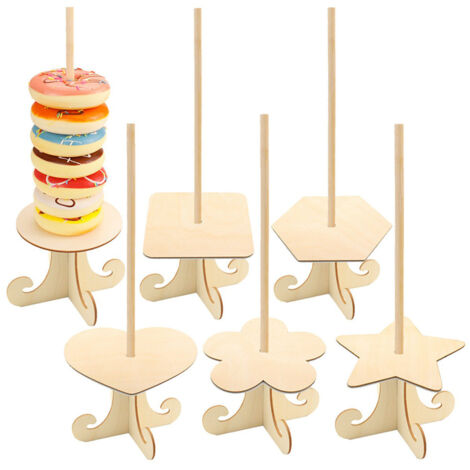Support 6 décors (rond + carré + hexagone + cœur + fleur de prunier + étoile) à donuts en bois - Pour mariage, baby shower, anniversaire (1/5)