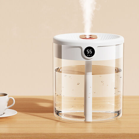 Humidificateur Ultrasonique Double Jet USB 2L avec Affichage LCD de l'Humidité, Diffuseur d'Aromathérapie Grande Capacité pour Maison et Chambre Blanc (1/5)