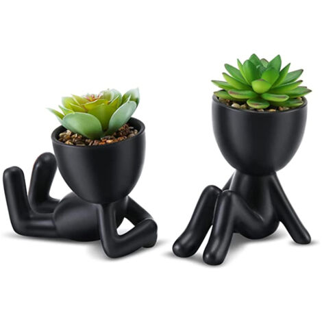 Pot Bonsai Miniature 2 Pots (Plantes Vertes) - Support et Pot en Céramique pour Succulentes (Noir) (1/5)