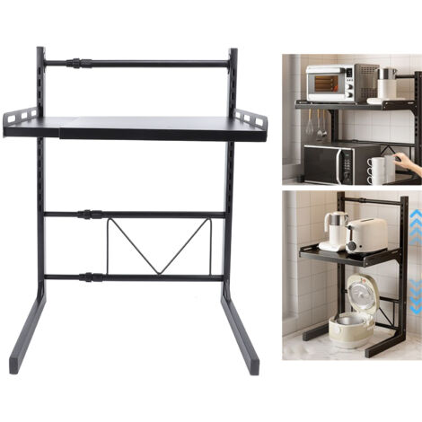 Étagère à micro-ondes extensible en acier carbone épais 27-52cm/39-62cm avec 4 crochets pour organisation cuisine (1/5)