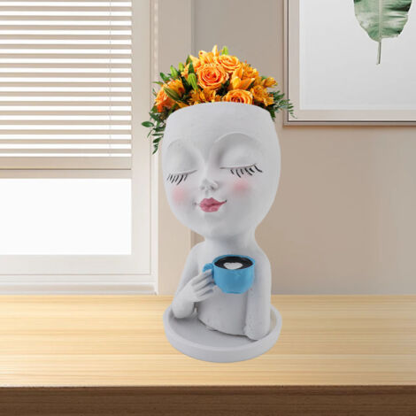 Pot de Plantes Résine Créatif Petit Décoratif Face Cute Succulent avec Drain et Plateau Blanc (1/5)