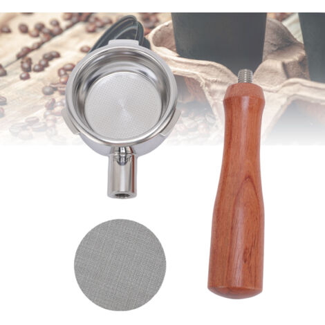 Portafilter universel 58mm à trois oreilles avec manche en bois et tamper filter basket pour café espresso - Compatible avec machines de marques connues (SUS et bois solide, design sans fond, basket à (1/5)