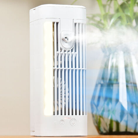 Climatiseur Portable avec Ventilateur Double et Lampe USB - Réservoir d'eau 120ml - ABS - 3 Vitesses - Mini taille 8.5x8.5x22cm (1/5)