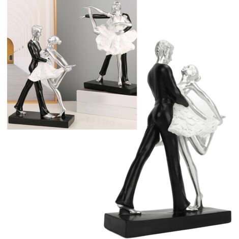 Statue de couple danseurs en résine argentée, abstraction sculptée artisanale, modèle Ballet Hugging, 27,5 cm, décor minimaliste contemporain. (1/5)