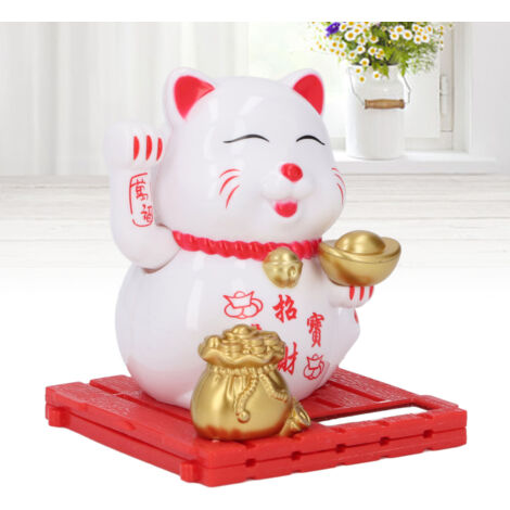 Chat Solar Feng Shui - Chat Maneki-Neko Porte-Bonheur à Bras Oscillant avec Panneau Solaire pour Bureau, Maison, Voiture - Décor Vif en ABS Blanc (78mm) (1/5)