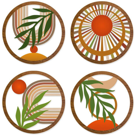 Décoration Murale Bois - Suspension Murale Artisanale - 4 Pièces Motiv Nature : Soleil, Feuilles, Arc-en-ciel - Design Bohème Minimaliste