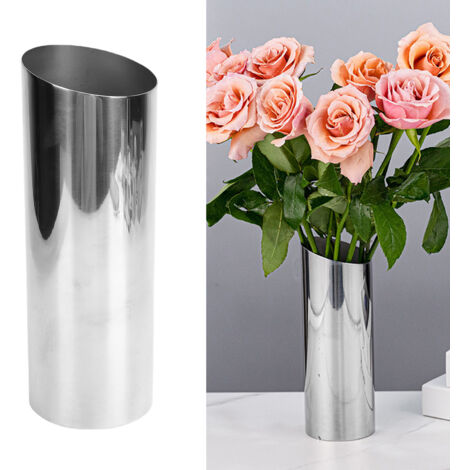 Vase cylindrique en acier inoxydable 304 argenté avec orifice incliné pour arrangement floral moderne - 7.5x21cm