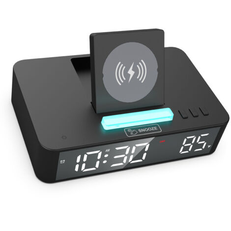 Horloge Murale Numérique LED Multifonction avec Écran Mirroir, Lumière Ambiance RGB, Fonction Chargement Wireless 10W, Mode Répétition, Affichage Température - Blanc/Noir, 16.5 x 10.63 x 4.5 cm, 1 Piè (1/5)