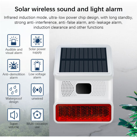 Détecteur de mouvement alarme solaire avec flash et sirène IP65 waterproof alarme intelligente rechargeable lithium 100dB (1/5)