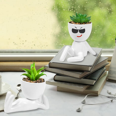 Pot Artificiel Succulent 4 pièces Pots Ceramic Plastique Cute Design Humain Décor sans Soins (1/5)