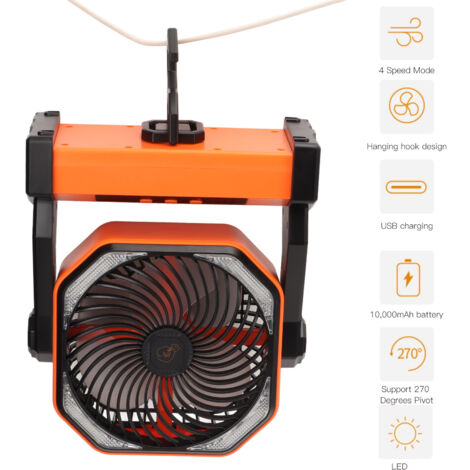 Ventilateur pour Camping avec LED 4 Vitesses 270° Pivot Grande Ventilation USB Rechargeable Batterie 20000mAh ABS Orange (1/5)