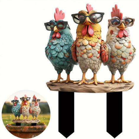 [Piquet Décoratif Animal] K090 3 Coqs Lunettes en Acrylique Jardinière 21x30 cm Décor Jardin Imperméable