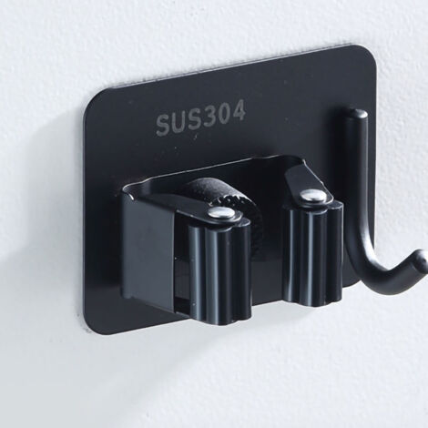 Porte-Mop Murale Clip en Acier Inoxydable 201 Installation sans Perçage avec Adhésif Fort Multifonctionnel pour Toilette et Salle de Bain Noir avec Crochet pour Organiser les Outils de Nettoyage (1/5)