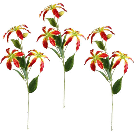 Fleurs Artificielles 3 Pièces Lilium Flame Corail Sunset Rouge Décoration Mariage Salle (1/5)