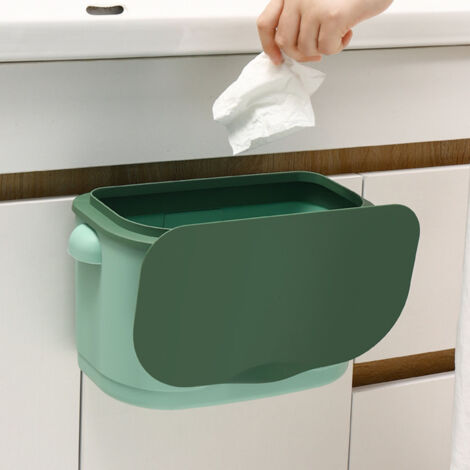 Poubelle suspendue avec couvercle - Modèle mural à charnière collapsible, vert, en plastique écologique, économiseur d'espace pour cuisine/salle de bain (1/5)