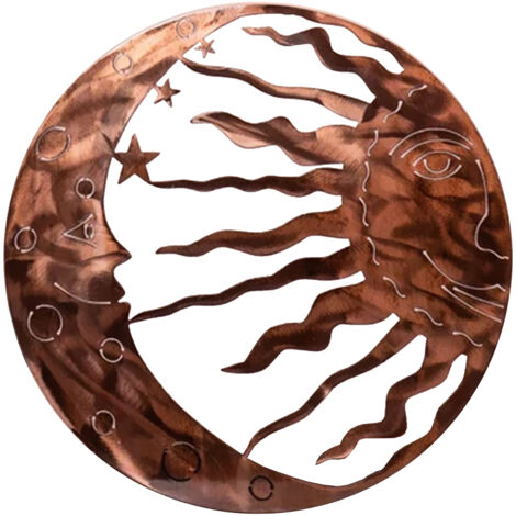 Sculpture Métallique Équilibre Lumière Céleste Décoration Murale Soleil, Lune et Étoiles en Cuivre 30x30 cm