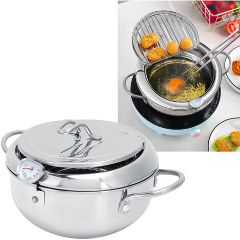 Friteuse Professionnelle Stainless Steel avec Thermomètre et Couvercle Égouttoir - Panier Filtre Anti-Graisse - 20 cm (2.2L) pour Gaz et Induction