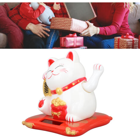 Chat de la Fortune Solarisé en Plastique Blanc - Décor Desktop Vibrant avec Bras Mobile - 8.9cm, 1 Pièce (1/5)
