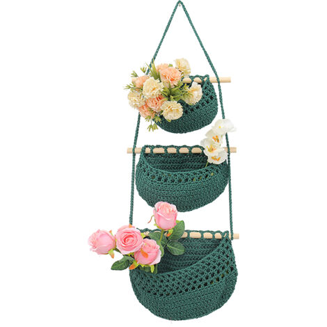 Panier Tressé Main Bohème en 3 Étages pour Fruits ou Plantes, Sac Filet à Motifs Verts pour Décor Domicile (1/2)