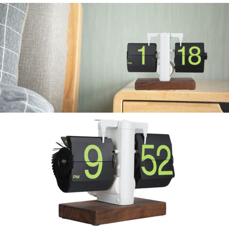 Horloge Flip Digitale 12H Simple Face Gros Numéros Automatique Retro Cadre Blanc Frosted Base Bois Page Verte (1/5)