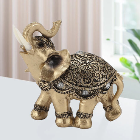 【Statue Éléphant】 Sculpture Éléphant Bonheur et Fortune Or en Résine pour Décoration Maison TV Bibliothèque Bureau