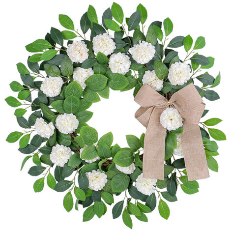 Couronne Rattan Décorative Summer – Décoration Hydrangea Blanc Artificielle avec Feuilles Vertes, Pour Porte, Mur, Extérieur (1/5)