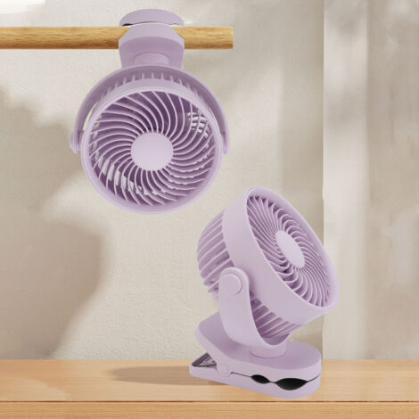 Ventilateur Clip USB Rechargeable Violet 360° Rotatable Silencieux Portable pour Bureau Camping Plage ABS Petite avec Batterie 2000mAh