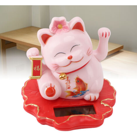 Chat de Fortune Feng Shui Blanc à Bras Mobile Éco-Énergétique avec Panneau Solaire - Figurine de Décoration pour Bureau, Maison, Voiture et Établissements Commercials - ABS, 7.8x7.5x8 cm - 63g (1/5)