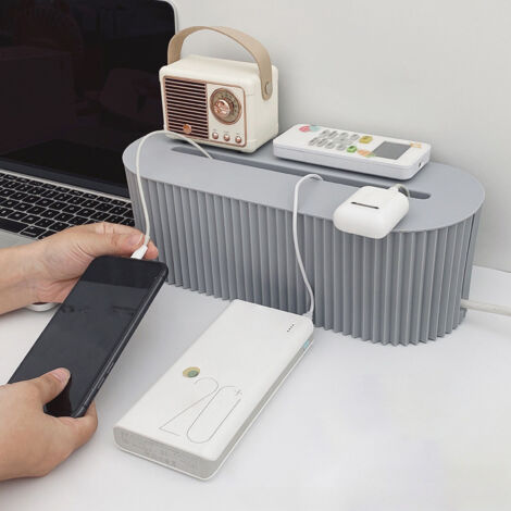 Boîte de gestion de cables avec prise intégrée, blue - Organiseur de bureau multifonction pour fils et chargeurs - Matériau plastique robuste (1/5)