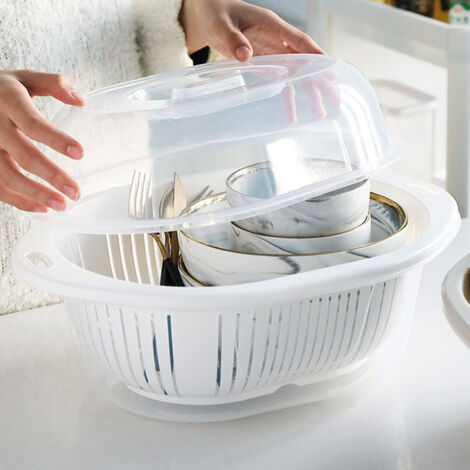 Panier à Egouttoir Double Couche avec Couverture Transparente Organisateur pour Fruits et Légumes Lavage Cuisine Petite Blanc (1/5)