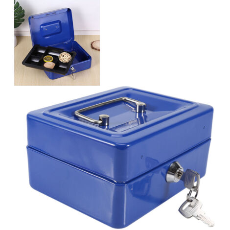 Boîte de sécurité ignifuge grande capacité portable métal Coffre-fort de documents Voyage Maison Voiture avec 2 clés Bleu