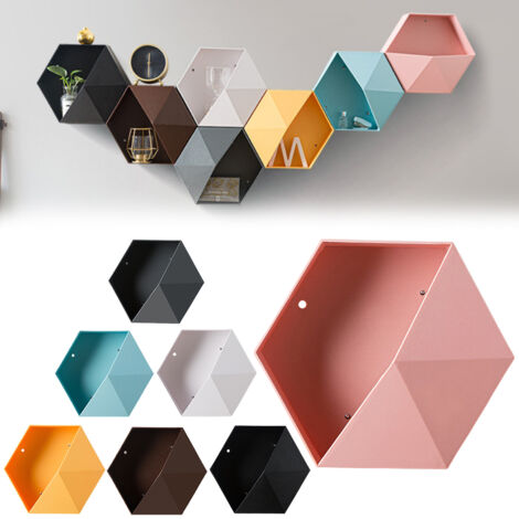 Etagère murale hexagonale avec fixation vis/adhésifs - Gain de place pour décorations souvenirs (Dimensions 26.5x23x6.5 cm) - Idéal salon bureau chambre styles moderne rustique tendance - Coloris unis (1/5)