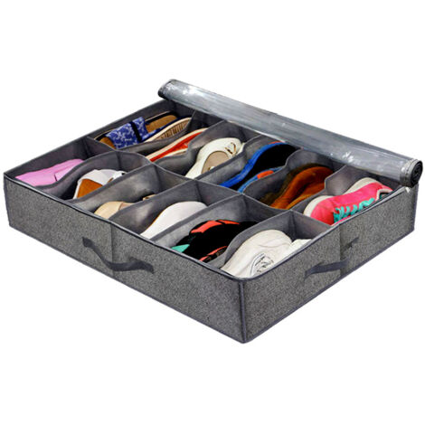 Boîte de rangement sous-lit 12 compartiments transparent avec portée en tissu PVC imperméable pour chaussures, sous-vêtements et petits objets