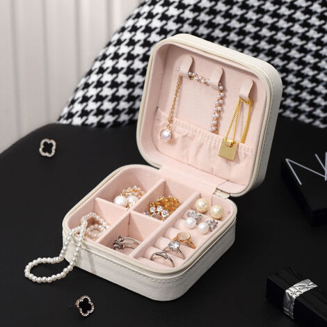 Boîte de voyage pour bijoux - Organiseur portable résistant aux rayures - Grande capacité - Blanc 10x10x5cm - PU et flanelle (1/5)