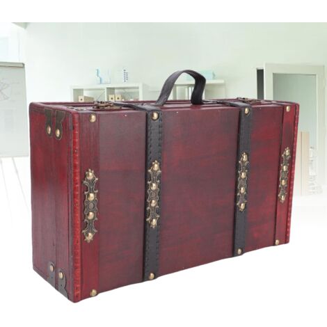 Malle Vintage Bois Style Antique (Modèle 34.5cm) Coffre de Voyage Décoratif Stockage Trunk avec Poignée Cuir PU pour Mariages Souvenirs