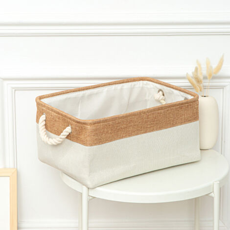 Panier de rangement en coton et lin à structure cadre avec anneaux métalliques, avec anses en corde de coton et pliable - 1 pièce (1/5)