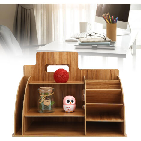 Étagère de Bureau en Bois MDF - Organiseur Multifonction pour Cosmétiques, Papeterie et Stockage - Couleur Chêry - 13 Pièces avec Diagramme d'Installation (1/5)