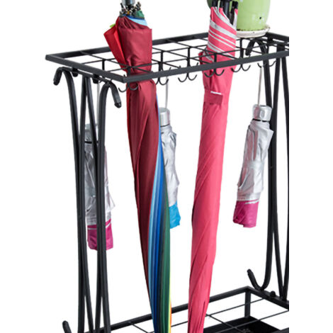 Porte-Parapluies Métal - Support avec Bac de Récupération et 10 Logements + 8 Crochets - Noir (1/5)