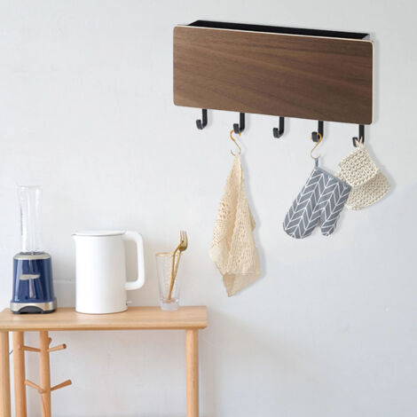 Porte-clés mural bois avec 5 crochets et rack pour courrier Mounting sans perforation Orga-storage shelf ABS et bois 18x10x3cm Color noyer Livré 1