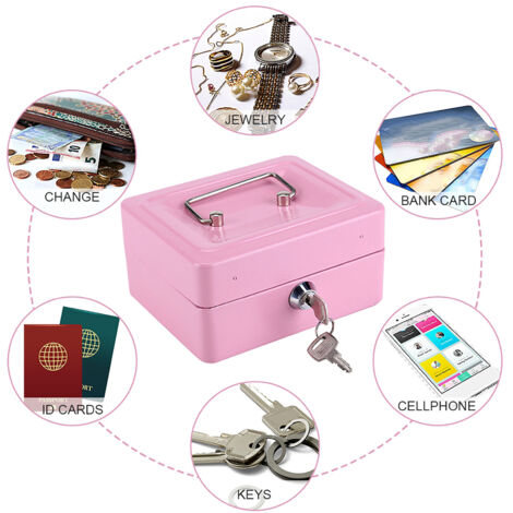Petty Caisse Sécurité Miniature - Coffret à Clé Portable en Métal pour Bijoux & Argent de Poche (15cm, Rose, 2 Clés)