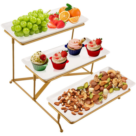 Présentoir 3 étages démontable - Plateau de service multifonction pour buffet avec base en acier carbone (3 plateaux, 12x5 pouces, Blanc et Doré) (1/5)
