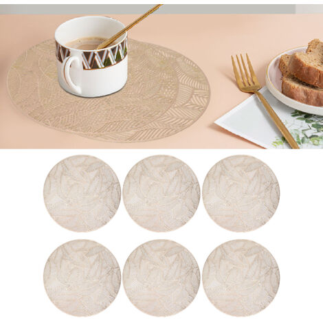 Lot de 6 sous-verres PVC écologiques et résistants à la chaleur - Design doré perforé - Diamètre 38cm - Facile à nettoyer - Pour table de cuisine et salon