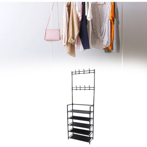 Porte-manteau 5 niveaux avec rangement chaussures et crochets, métal noir, 175cm - Rack vestes et chaussures multifonction antistatique pour entrée/dortoir (1/5)