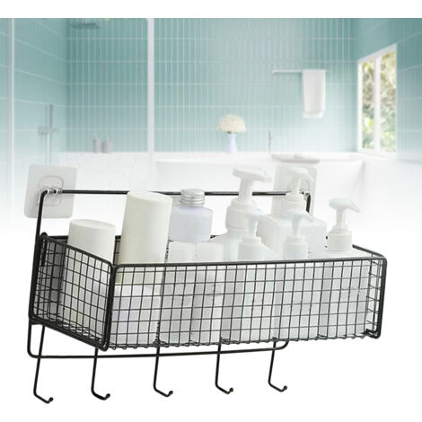 Panier mural de rangement multifonction en fer noir pour cuisine, salle de bain avec crochet portable, installation sans trace (1/5)